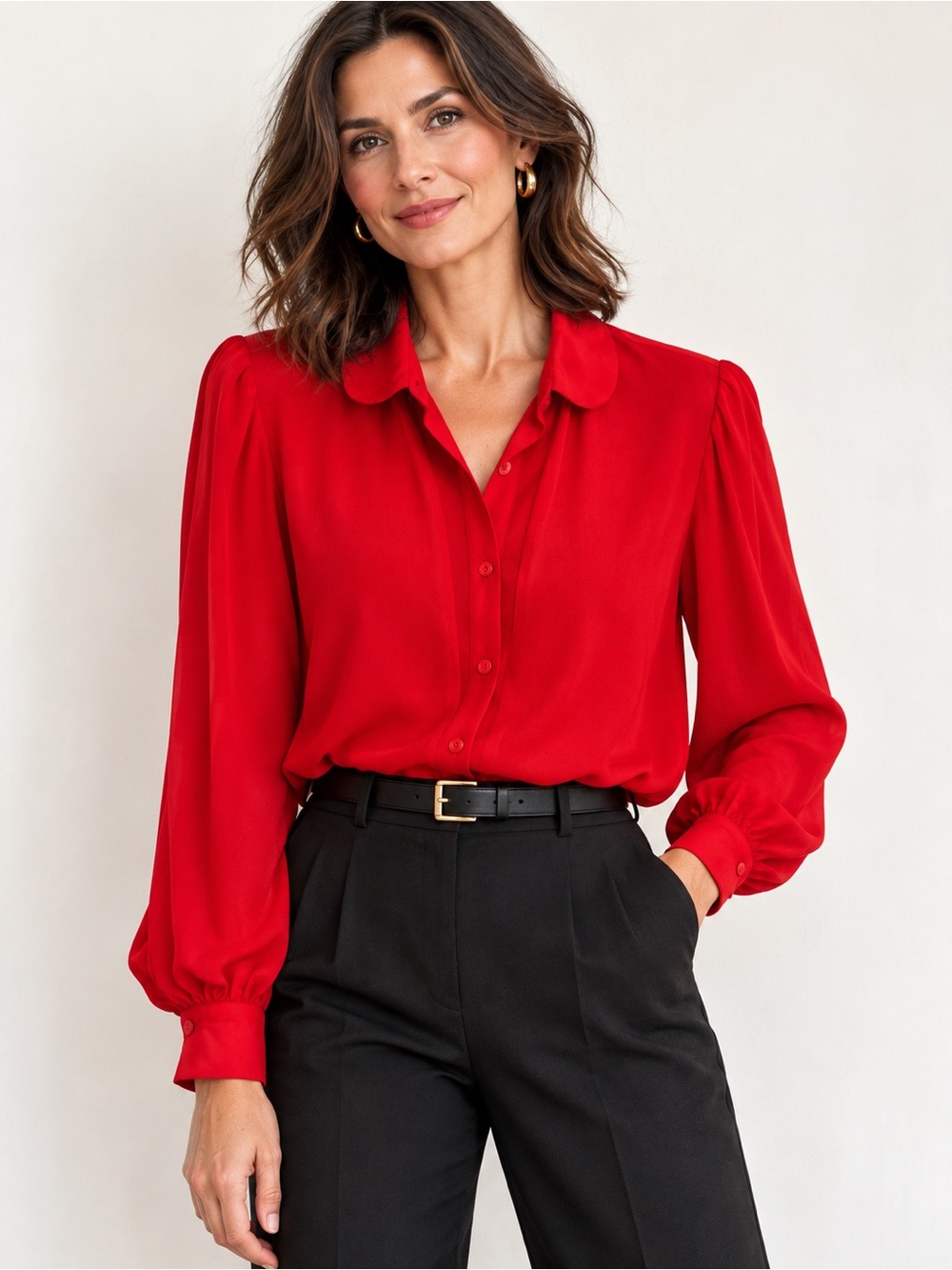 Vintage ADOLFO Red Pure Silk Blouse Double-Layer Button Front Classic Chic